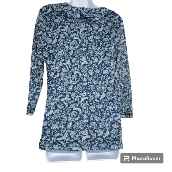 Chaps Blouse, Women's LG, Blue Floral Abstract w/Waterfall Ruffle Collar, EUC - Picture 2 of 11